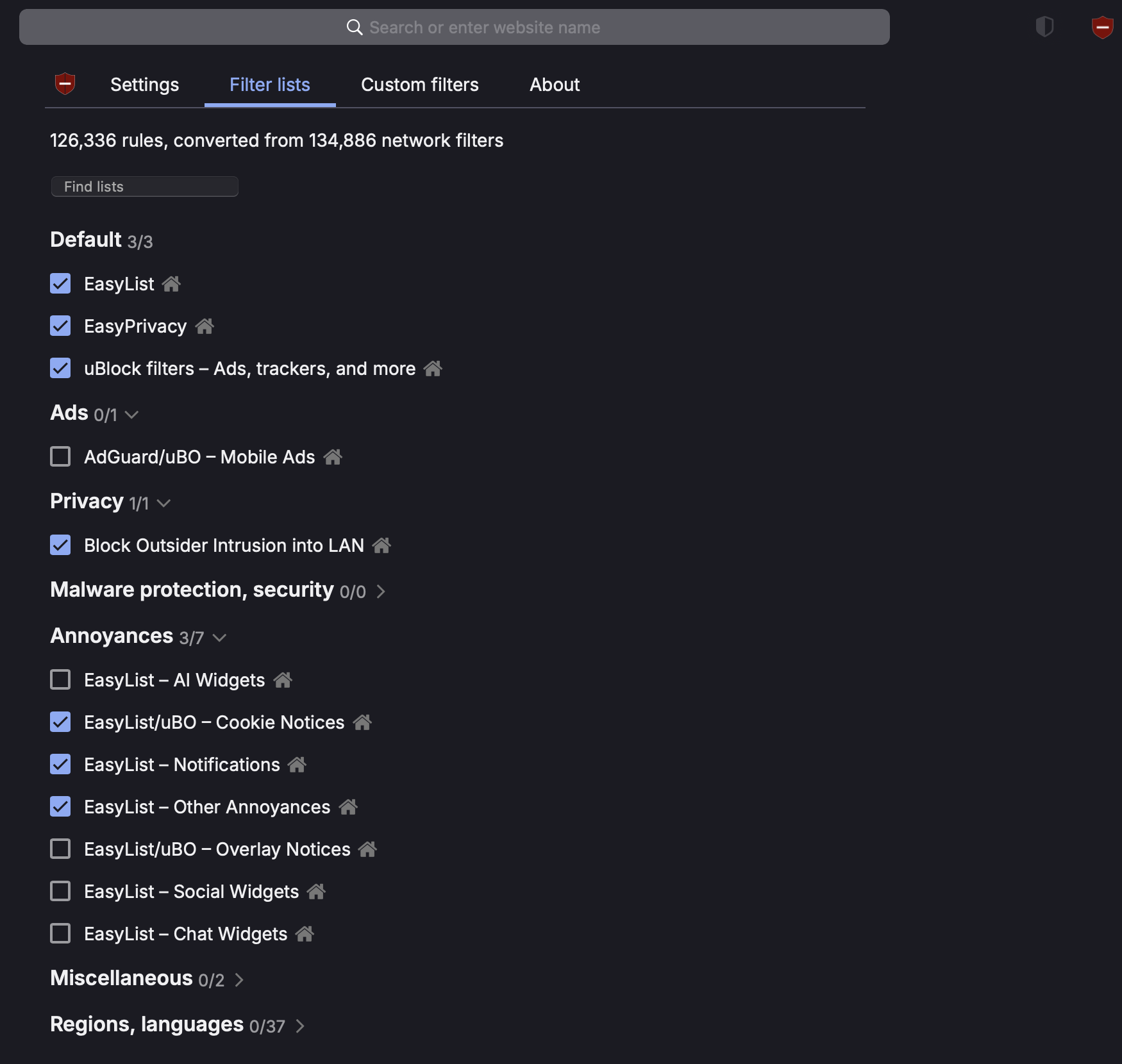 uBlock Origin Lite Native Filter Lists