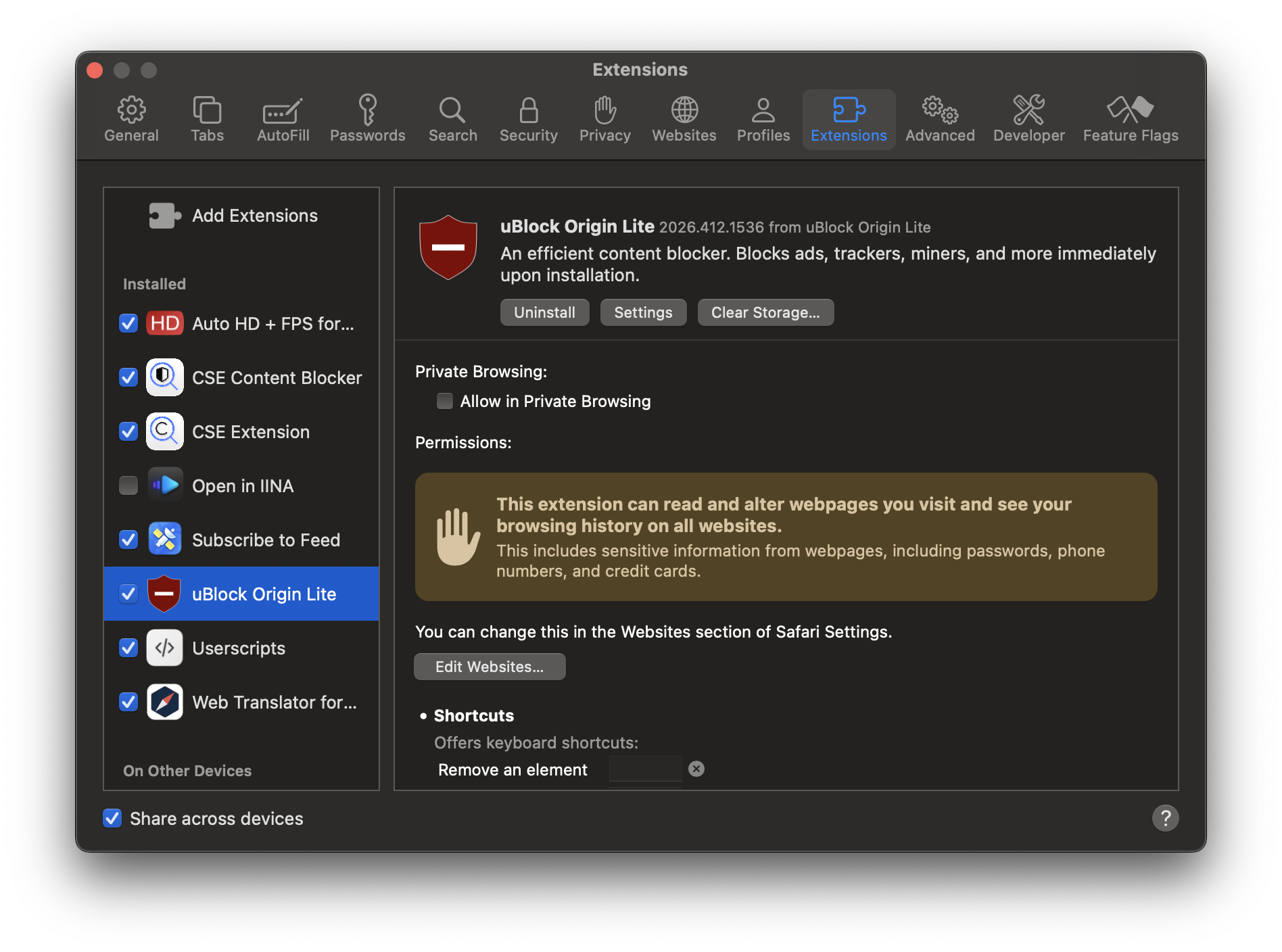 uBlock Origin Lite Safari Extension Settings