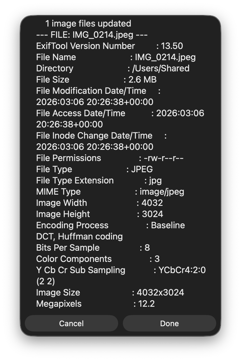 exiftool Shortcuts sample result