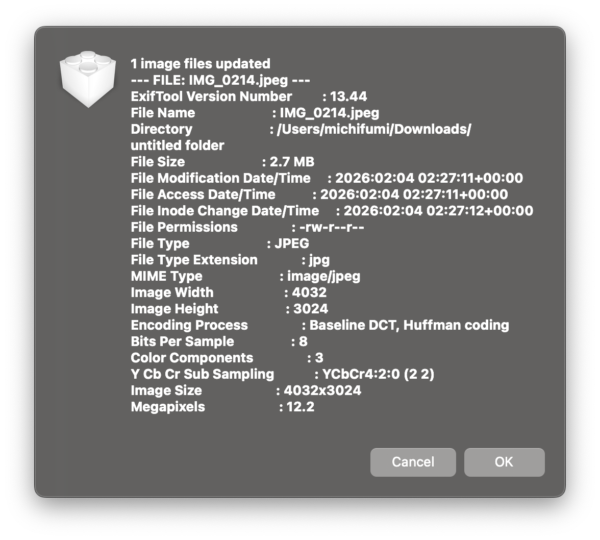 exiftool quick action sample result