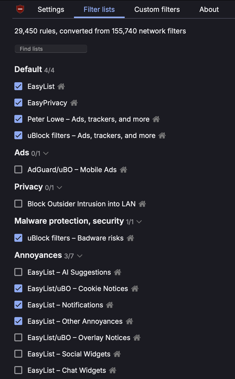 uBlock Origin Lite Native Filter Lists